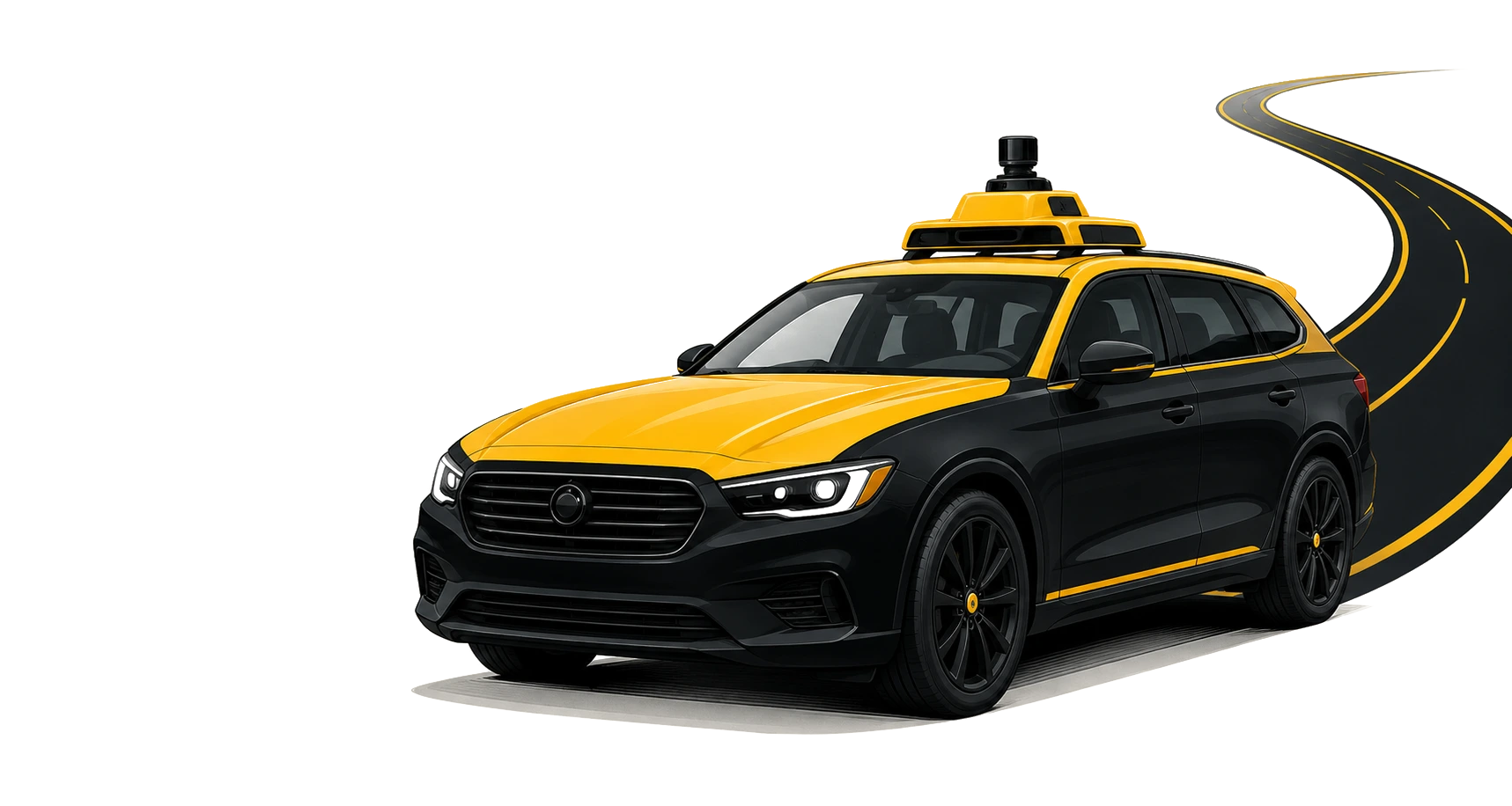 Black and taxi-yellow Terminal Miles autonomous taxi with a roof-mounted lidar sensor